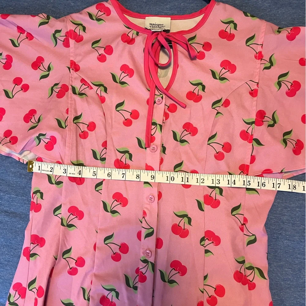 Unique Vintage Hot Pink Cherry Tie Neck Blouse 50s 60s Inspired Pinup Kawaii - Picture 7 of 7